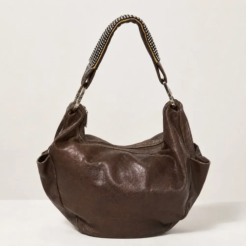 Y2K DXtouch Italy Chocolate Brown Leather Crescent Hobo Rhinestone Strap